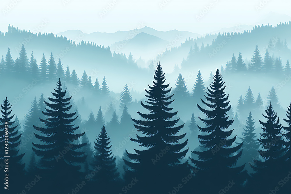 Fototapeta premium Foggy Forest with Tall Spruce Trees in Dark Silhouette