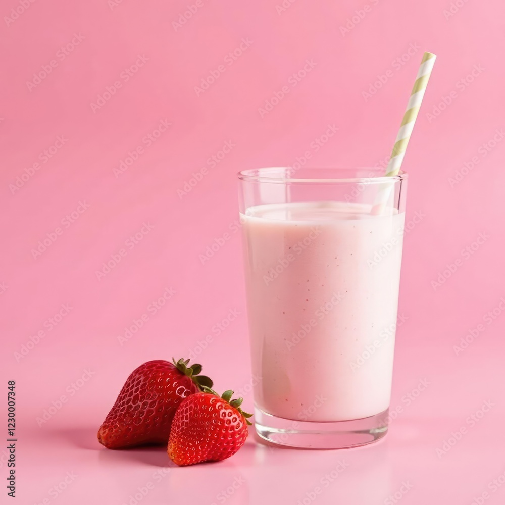 Strawberry and cream milkshake on a pink surface in a glass, milkshake, glass Strawberry and cream milkshake on a pink surface in a glass, milkshake, glass
