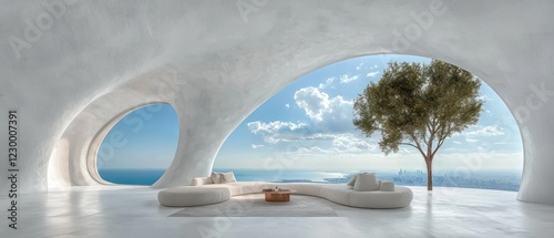 A modern, minimalist living space with ocean views and a single tree.