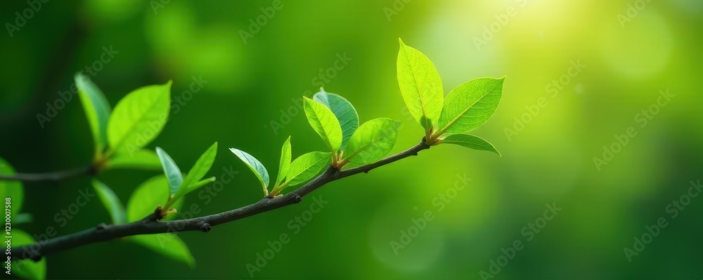 Young, bright green leaves emerging from a branch , plant, garden Young, bright green leaves emerging from a branch , plant, garden