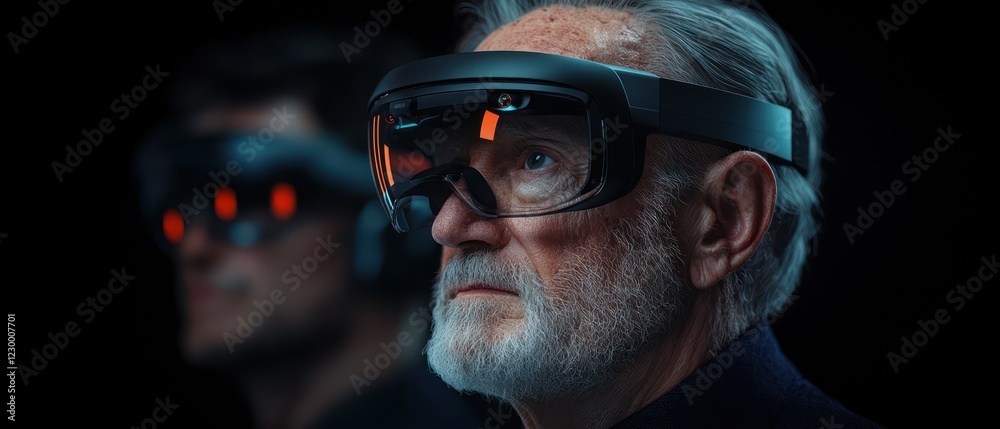 Two individuals wearing advanced augmented reality glasses, focused on a digital experience. Two individuals wearing advanced augmented reality glasses, focused on a digital experience.