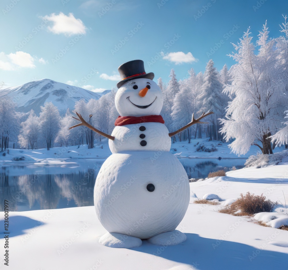 Obraz premium Jolly snowman in a winter wonderland, standing amidst snow-covered trees, frozen lake, and rolling hills, with a bright blue sky , rolling hills, serene scenery, happy snowman