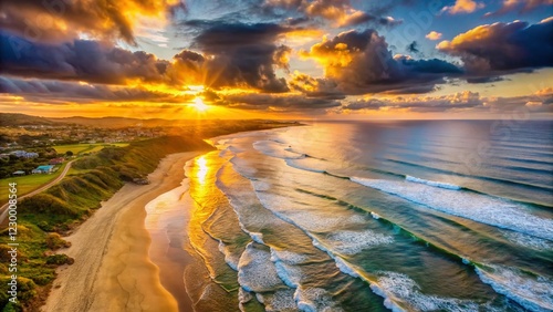 Breathtaking Sunset over Schoenmakerskop Beach, Port Elizabeth, South Africa - Drone View photo