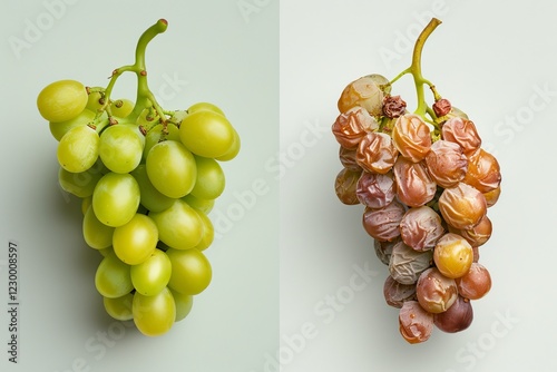 A visually striking comparison of fresh green grapes and dried brown grapes, highlighting texture and color differences. Conceptual Still Life: Fresh vs. Wrinkled Fruit
