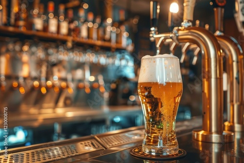 Glass of fresh light beer standing on bar counter with blurred background in modern pub photo