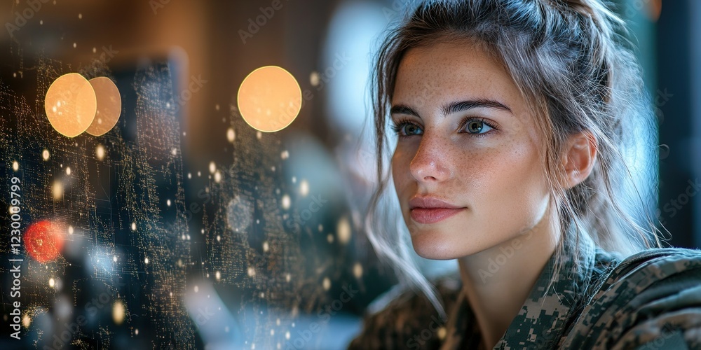 Young woman in military uniform focuses on computer screen in a modern cafe during evening hours Young woman in military uniform focuses on computer screen in a modern cafe during evening hours