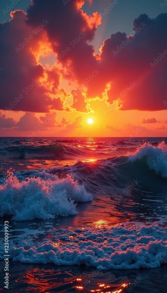 Sunrise paints fiery hues on plastic waste ocean, sun rises majestically , color, rubbish Sunrise paints fiery hues on plastic waste ocean, sun rises majestically , color, rubbish