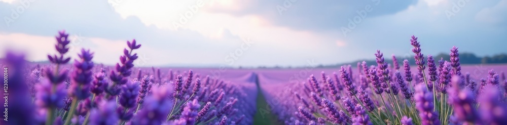 Obraz premium A misty lavender field with a few wildflowers, cloudy sky, bokeh effect