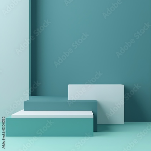 Wallpaper Mural product podium elevation artistic Minimalist interior featuring teal steps against a matching wall, creating a serene ambiance. Torontodigital.ca