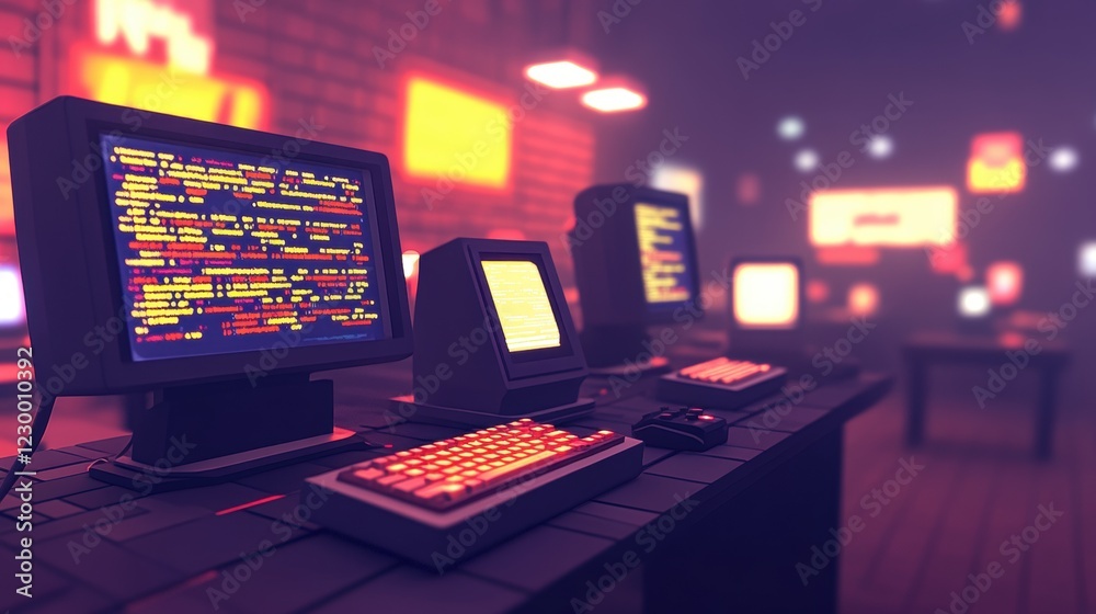 Retro Computer Setup with Code on Screens in Dark Room Atmosphere