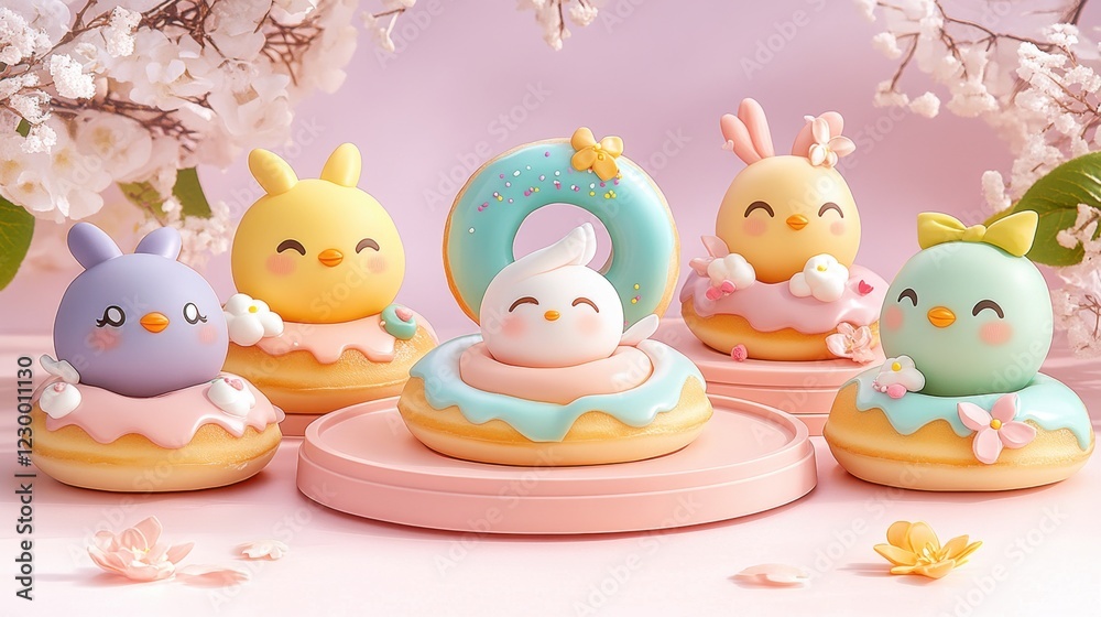 Cute pastel-themed animal figurines with donuts and flowers Cute pastel-themed animal figurines with donuts and flowers