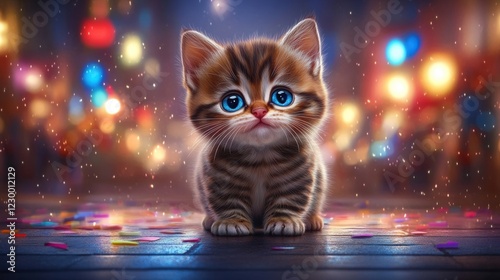 Adorable Tabby Kitten with Big Blue Eyes in Colorful Background