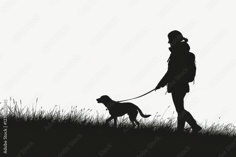 Woman Walking Dog in Nature Silhouette Woman Walking Dog in Nature Silhouette