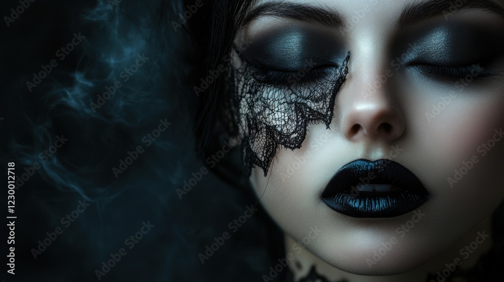 Dark and Mysterious Portrait of a Woman with Gothic Makeup and Lace Accents in Atmospheric Setting Dark and Mysterious Portrait of a Woman with Gothic Makeup and Lace Accents in Atmospheric Setting