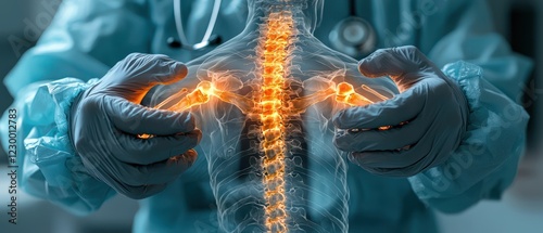 A medical professional manipulating a glowing spine illustration.