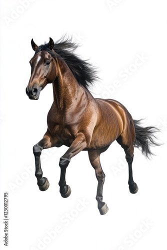 Brown horse with black mane galloping. Strong, athletic image of a wild stallion.