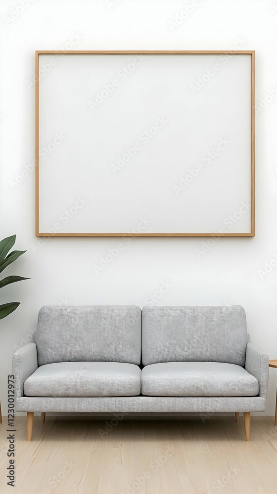 Grey sofa, blank frame, plant, white room Grey sofa, blank frame, plant, white room