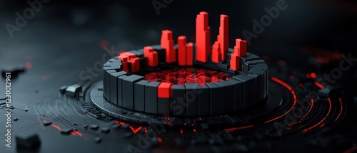 Abstract digital landscape with red and black structures resembling a cityscape.
