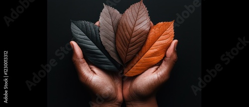 Hands holding four different colored leaves against a dark background.