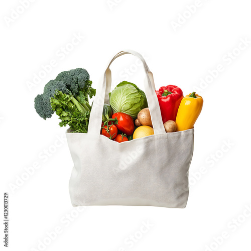 A white bag of fresh vegetables isolated on a transparent background, in a PNG format 