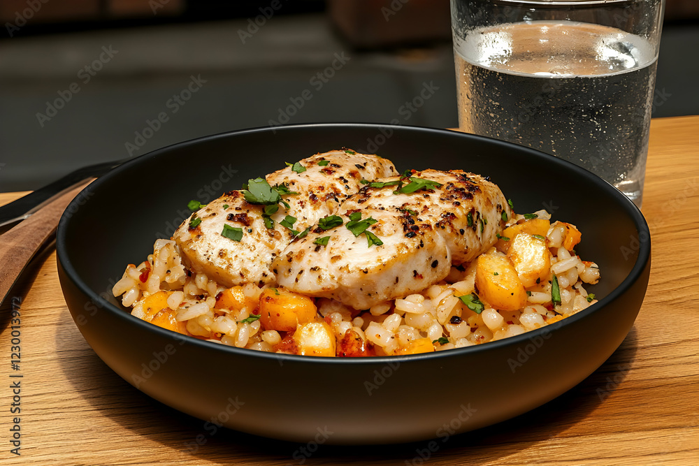 Grilled fish with barley, peppers, and water Grilled fish with barley, peppers, and water