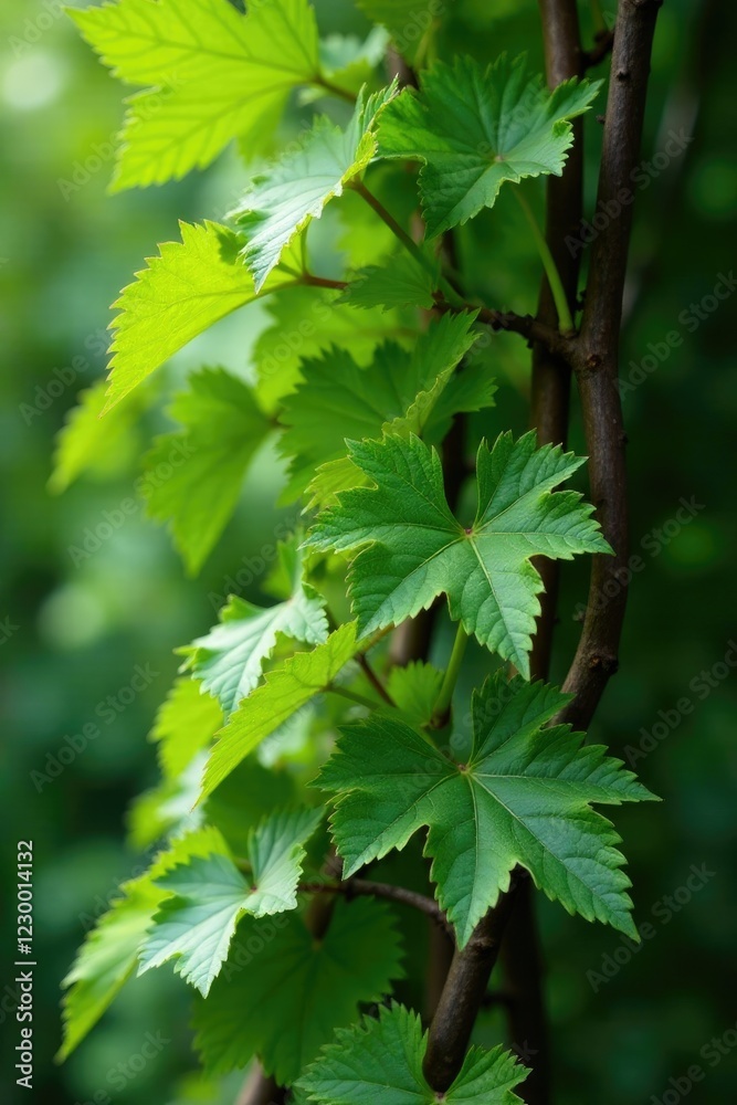 Fresh green leaves and grapevine branches intertwined, green, twig, garden Fresh green leaves and grapevine branches intertwined, green, twig, garden