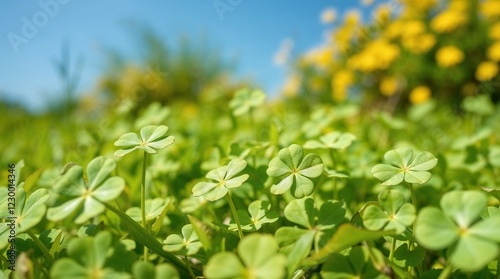 Green clovers with yellow flowers against blue sky