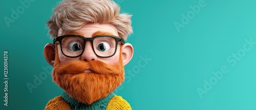 A cartoonish character with glasses and a beard, set against a teal background.