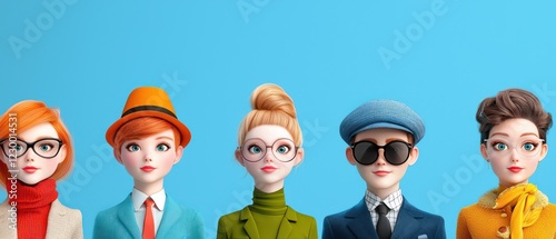 Five stylish animated characters with diverse hairstyles and outfits against a blue background.