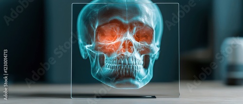 A transparent 3D representation of a skull, emphasizing its internal structure.