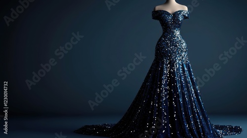 Elegant navy blue gown with sparkling sequins on a mannequin against a dark background, showcasing fashion design