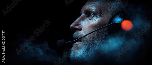 A close-up of a man with a headset, illuminated by a glowing microphone in a dark setting.
