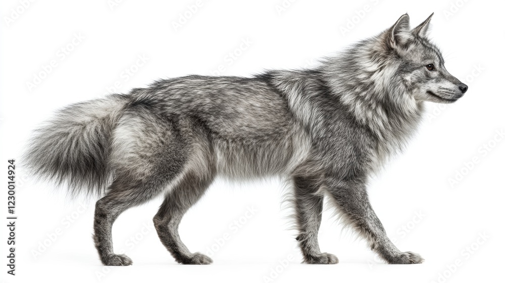 Silvery Grey Wolf on White Background in Profile View Silvery Grey Wolf on White Background in Profile View