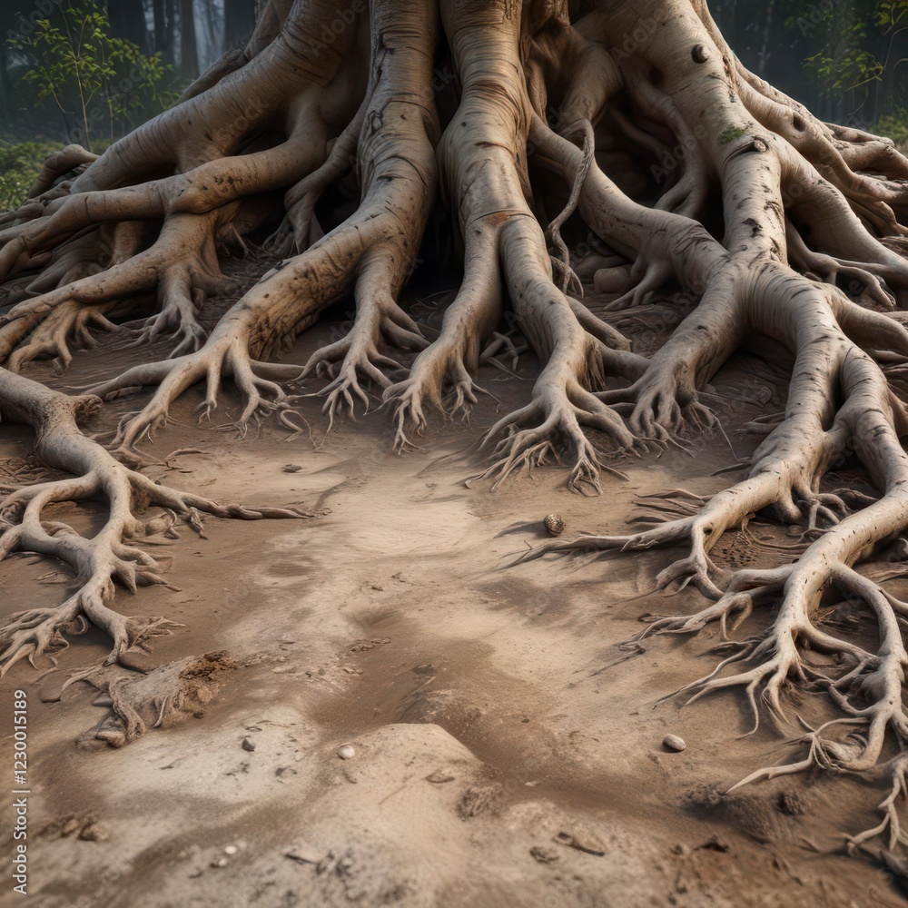 Fototapeta premium Rough wooden texture with tree roots emerging from it, wood grain, natural, forest