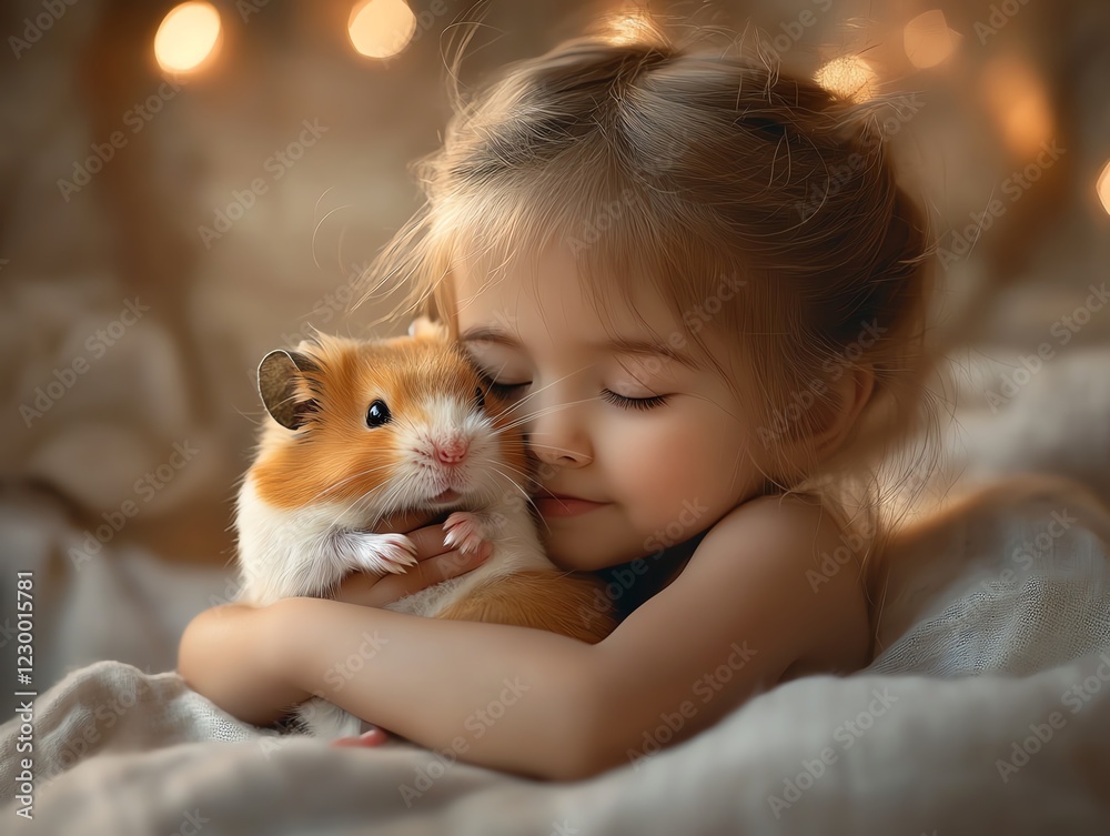 A young girl tenderly cuddles a fluffy hamster, showcasing a bond of love and companionship in a cozy, warmly lit setting. A young girl tenderly cuddles a fluffy hamster, showcasing a bond of love and companionship in a cozy, warmly lit setting.