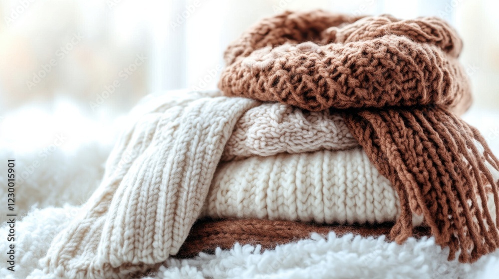 Cozy knitted scarves and blankets arranged aesthetically on a soft surface with natural light Cozy knitted scarves and blankets arranged aesthetically on a soft surface with natural light