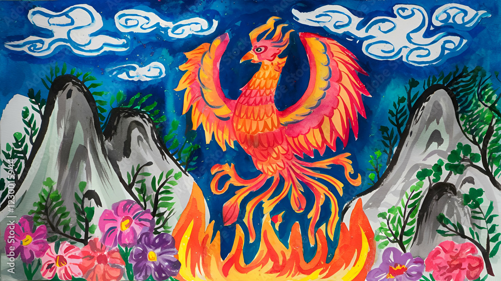 Obraz premium Phoenix Rising A Vibrant Watercolor Painting of the Mythical Bird of Fire Emerging from Flames in a Mountain Landscape Symbolizing Rebirth and Renewal