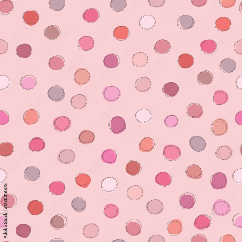 Polka dots pattern on pink colors, cute hand drawn polka on pink background. Vector illustration for wrapping paper. Polka dots pattern on pink colors, cute hand drawn polka on pink background. Vector illustration for wrapping paper.