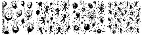 Creative doodles of balloons, celebratory figures, and cheerful faces in a dynamic black and white design