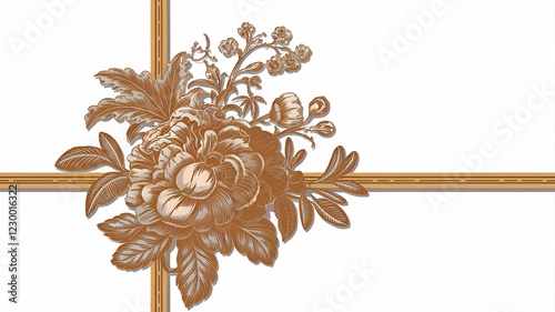 Elegant Vintage Botanical Illustration: Golden Ornamental Flower Bouquet Engraving on Textured Antique Paper, Victorian Era Style