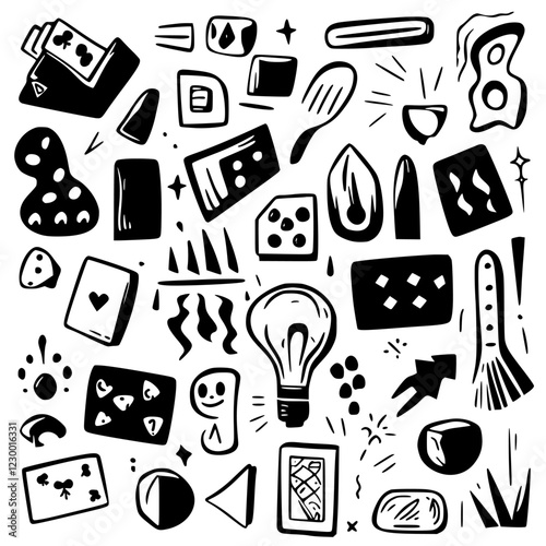 Creative black and white illustrations of various objects with a playful and abstract design in a dynamic arrangement