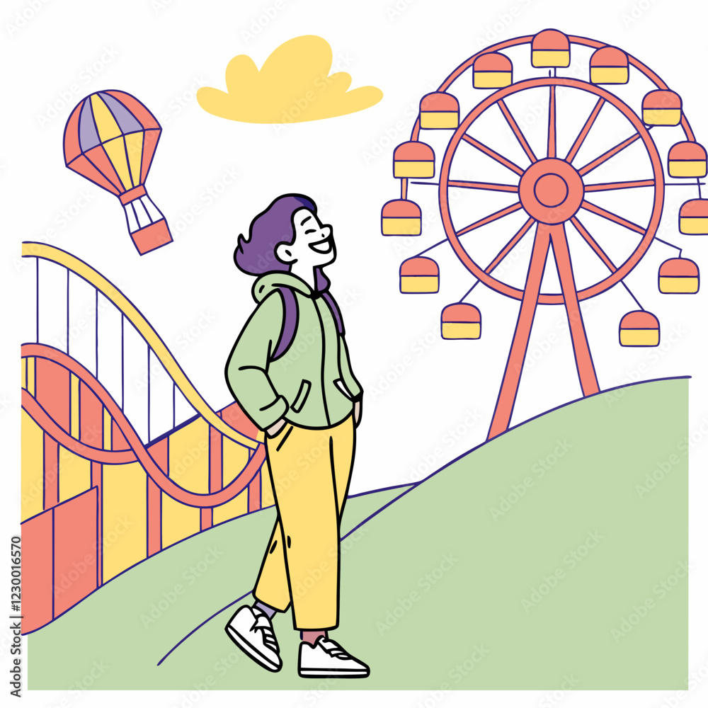 Obraz premium Person at an amusement park smiling and enjoying the view