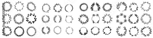 Intricate black and white floral wreath designs showcasing diverse plant motifs and styles for creative projects
