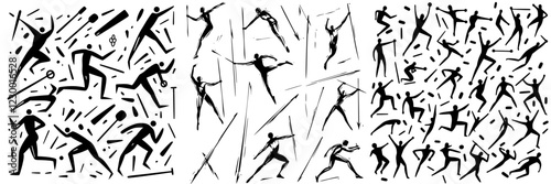 Dynamic silhouettes representing various athletic movements in a futuristic style with vibrant graphics