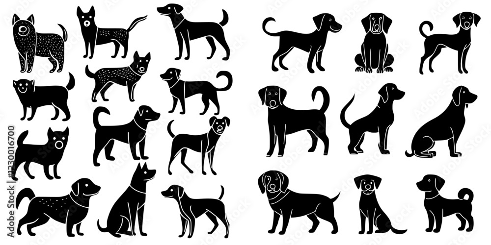 Collection of various dog silhouettes showcasing different breeds and postures in a minimalist design Collection of various dog silhouettes showcasing different breeds and postures in a minimalist design