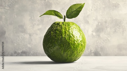 Fresh Green Fruit with Leaves on a Minimalist Background