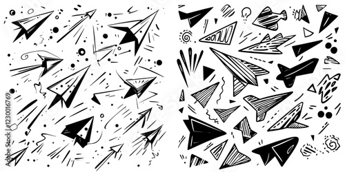 Diverse illustration of various paper airplanes showcasing creativity and motion in a dynamic, abstract design