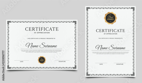 Certificate of appreciation template design. Minimalist certificate border with gold badge and lines pattern. Diploma award layout vector