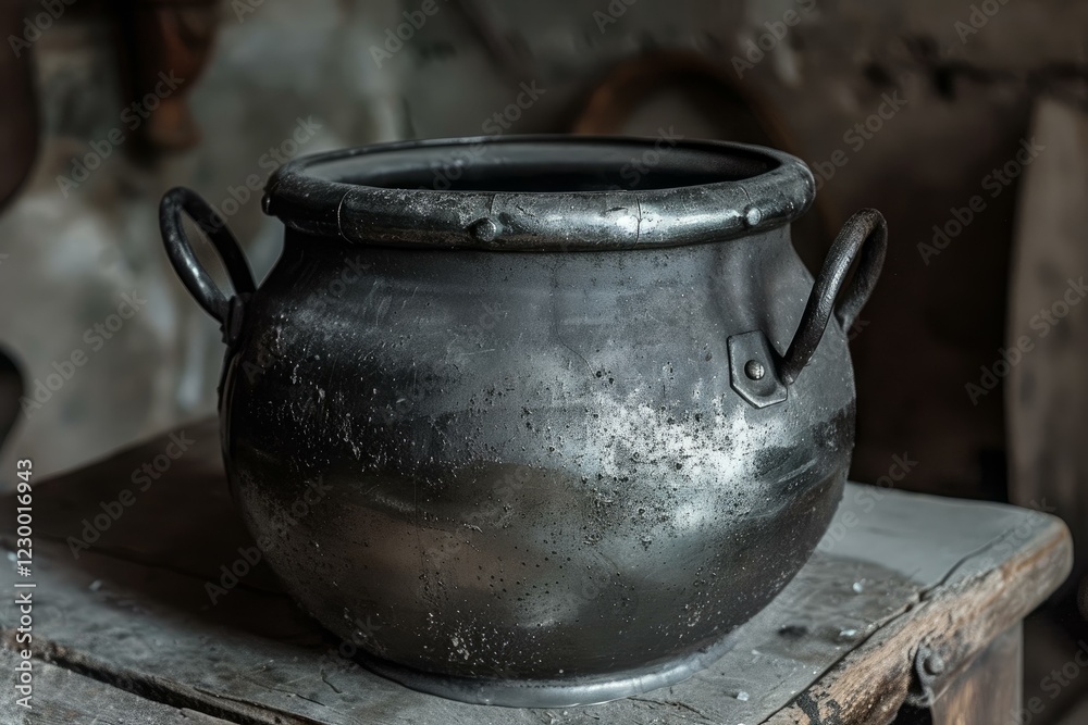 Old black cast iron pot with handles sitting on a rustic wooden table is showing its age and use Old black cast iron pot with handles sitting on a rustic wooden table is showing its age and use