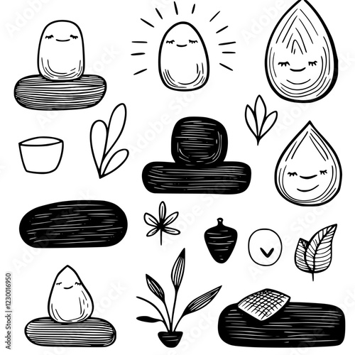 Creative doodles featuring serene characters and nature elements in a minimalist style for wellness themes